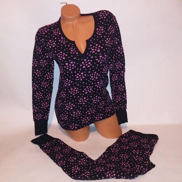 Victoria Secret Pajama Set Sleepwear Top & Bottom Small Thermal Black Pink Heart - Picture 3 of 8